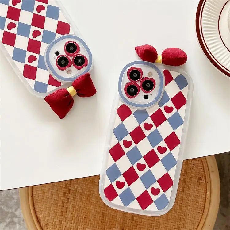 3D Bow Heart Argyle Phone Case - iPhone 13 Pro Max / 13 Pro / 13 / 13 mini / 12 Pro Max / 12 Pro / 12 / 12 mini / 11 Pro Max / 11 Pro / 11 / SE / XS Max / XS / XR / X-6