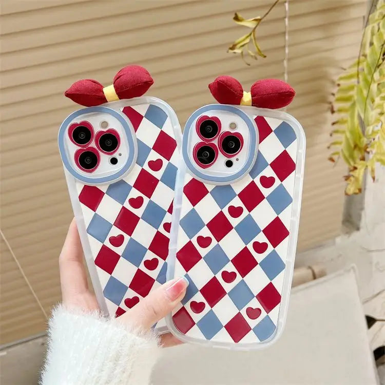 3D Bow Heart Argyle Phone Case - iPhone 13 Pro Max / 13 Pro / 13 / 13 mini / 12 Pro Max / 12 Pro / 12 / 12 mini / 11 Pro Max / 11 Pro / 11 / SE / XS Max / XS / XR / X-8