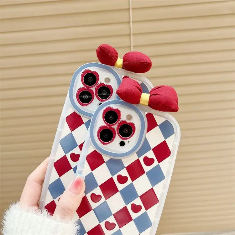 3D Bow Heart Argyle Phone Case - iPhone 13 Pro Max / 13 Pro / 13 / 13 mini / 12 Pro Max / 12 Pro / 12 / 12 mini / 11 Pro Max / 11 Pro / 11 / SE / XS Max / XS / XR / X-9