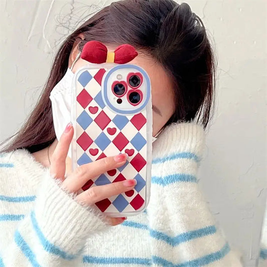 3D Bow Heart Argyle Phone Case - iPhone 13 Pro Max / 13 Pro / 13 / 13 mini / 12 Pro Max / 12 Pro / 12 / 12 mini / 11 Pro Max / 11 Pro / 11 / SE / XS Max / XS / XR / X-1