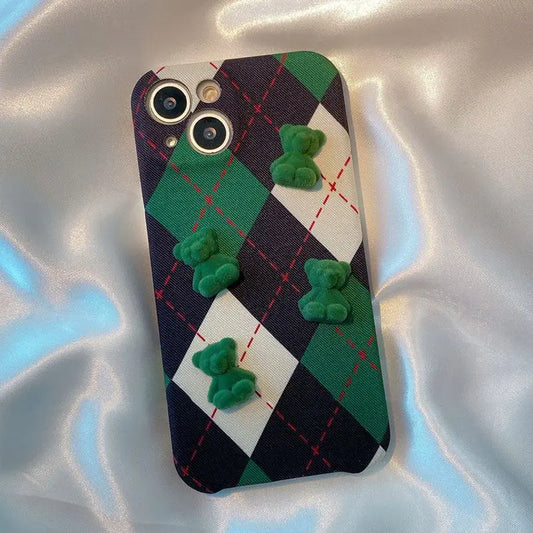 3D Flocking Bear Argyle Phone Case - iPhone 13 Pro Max / 13 