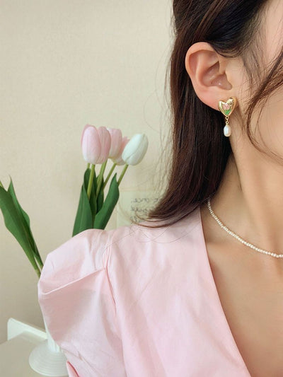 French Tulip Love-Heart Pearl Earrings
