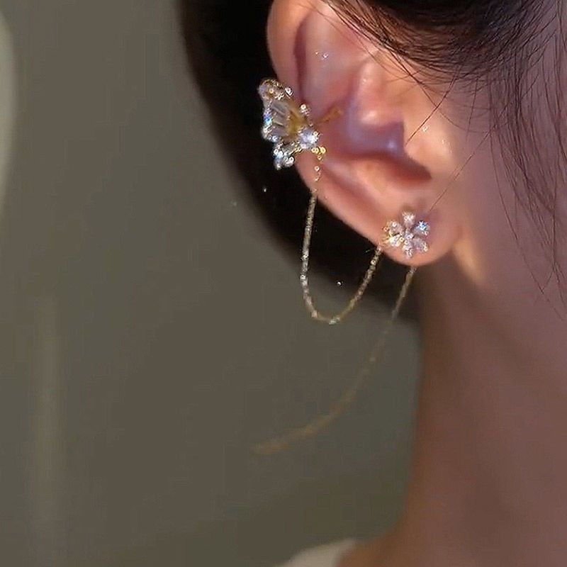 Butterfly flower ear clip one-piece tassel earrings W449 Wonderland Case