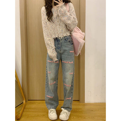 Retro Pink Embroidery Jeans MK Kawaii Store