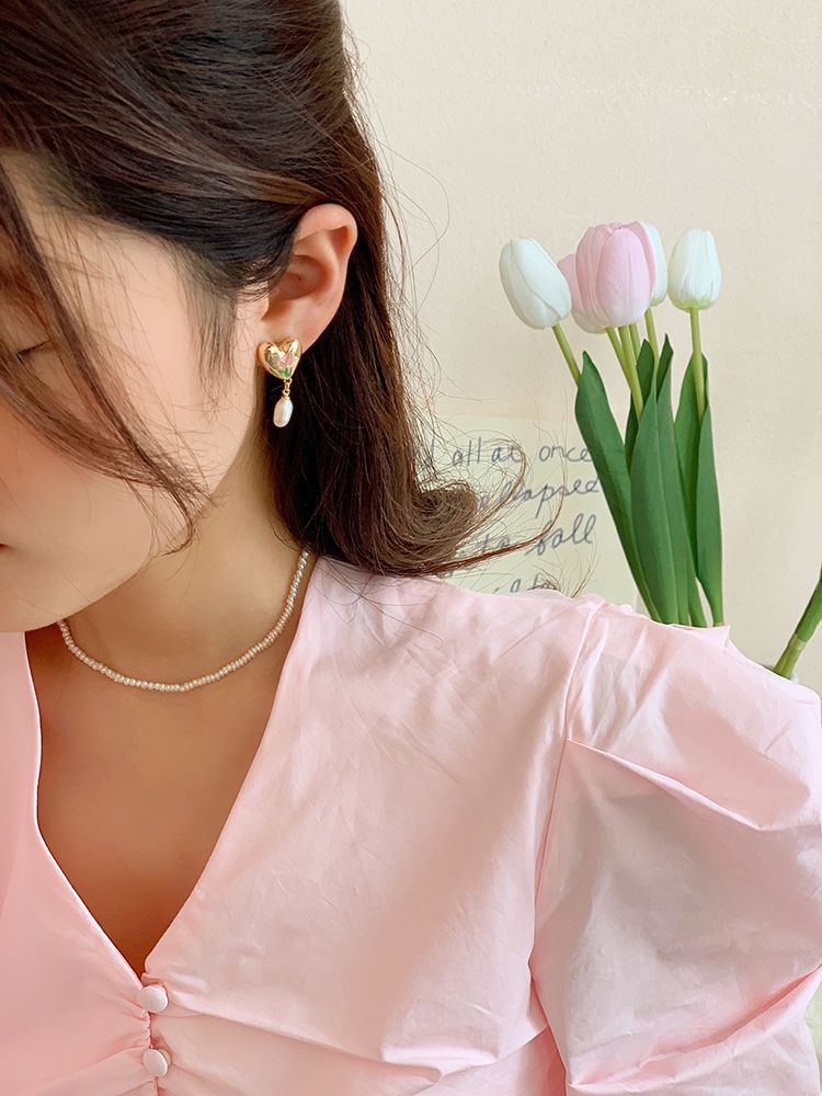 French Tulip Love-Heart Pearl Earrings