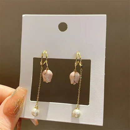 Pink tulip fringe long pearl earrings MK18474 Wonderland Case