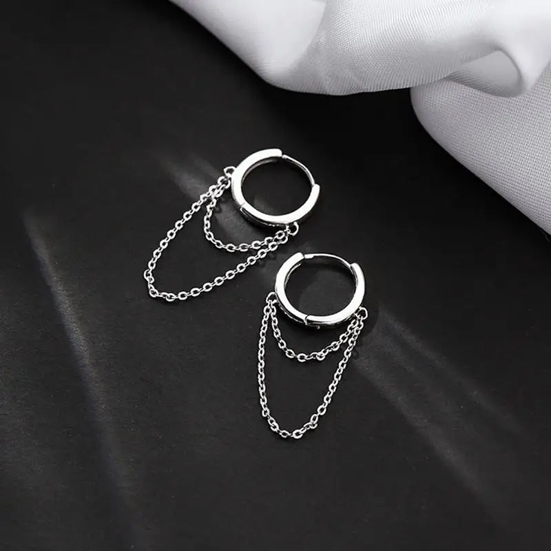 925 Sterling Silver Chained Hoop Earring CG124 - Silver / 