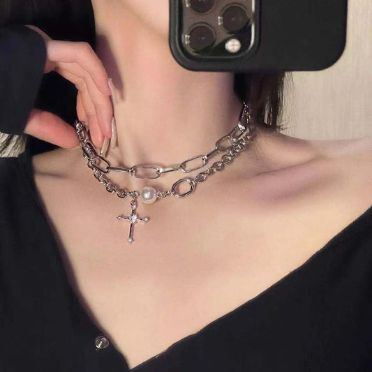 Rhinestone Cross Faux Pearl Chain Layered Necklace WA82 Wonderland Case