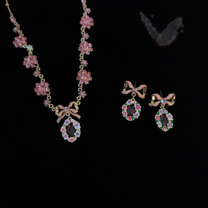 Pink Bow Gemstone Necklace Earrings - Pink Pink