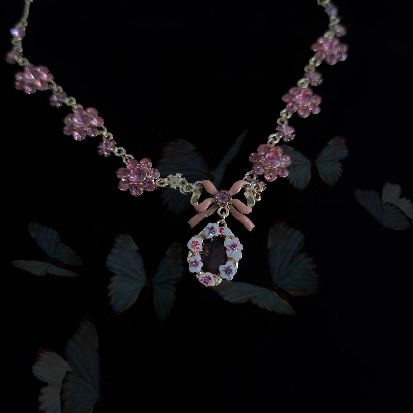 Pink Bow Gemstone Necklace Earrings - Pink