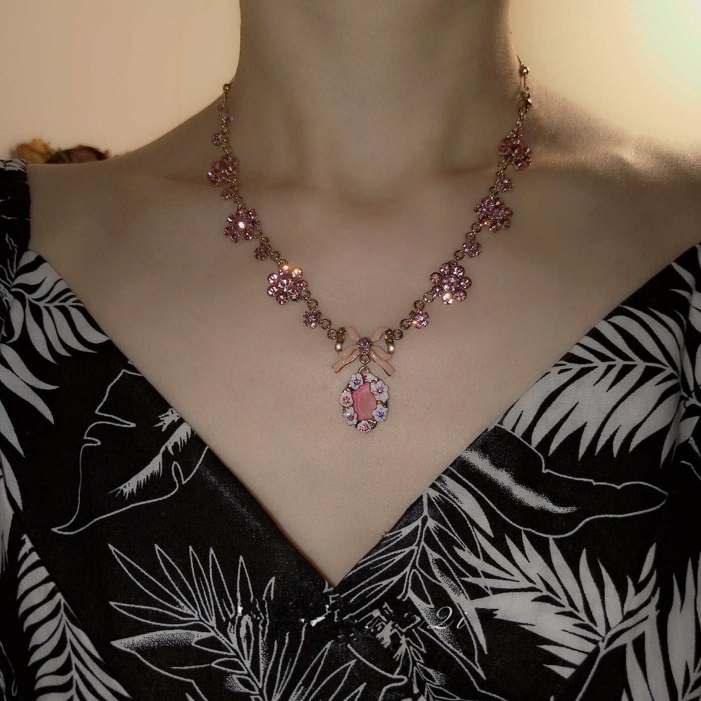 Pink Bow Gemstone Necklace Earrings - Pink