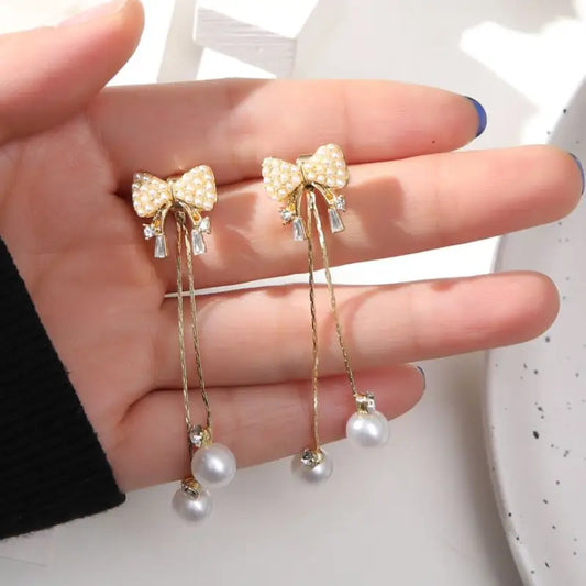 Bow Faux Pearl Fringed Earring-1