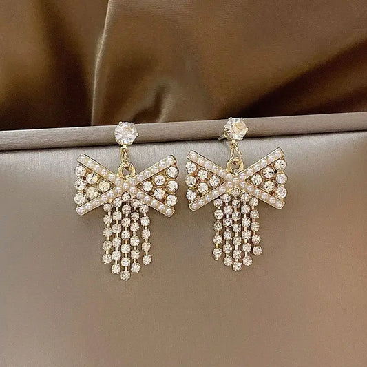 Bow Rhinestone Alloy Fringed Earring-1