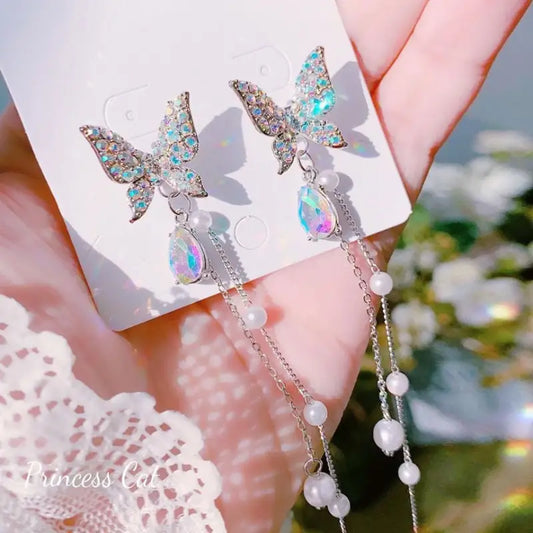 Butterfly Faux Crystal Faux Pearl Alloy Fringed Earring-1