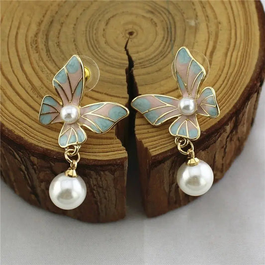 Butterfly Faux Pearl Alloy Dangle Earring-1