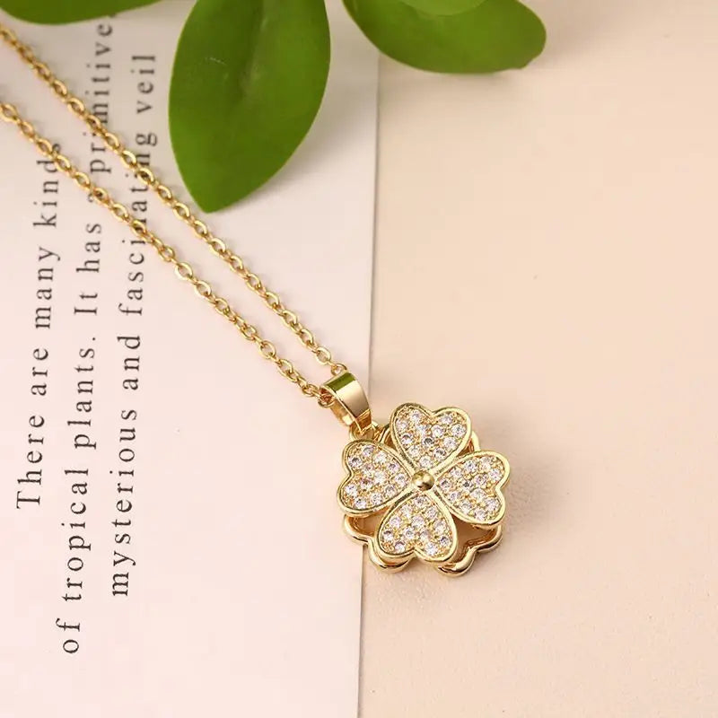 Clover Rhinestone Pendant Stainless Steel Necklace-1