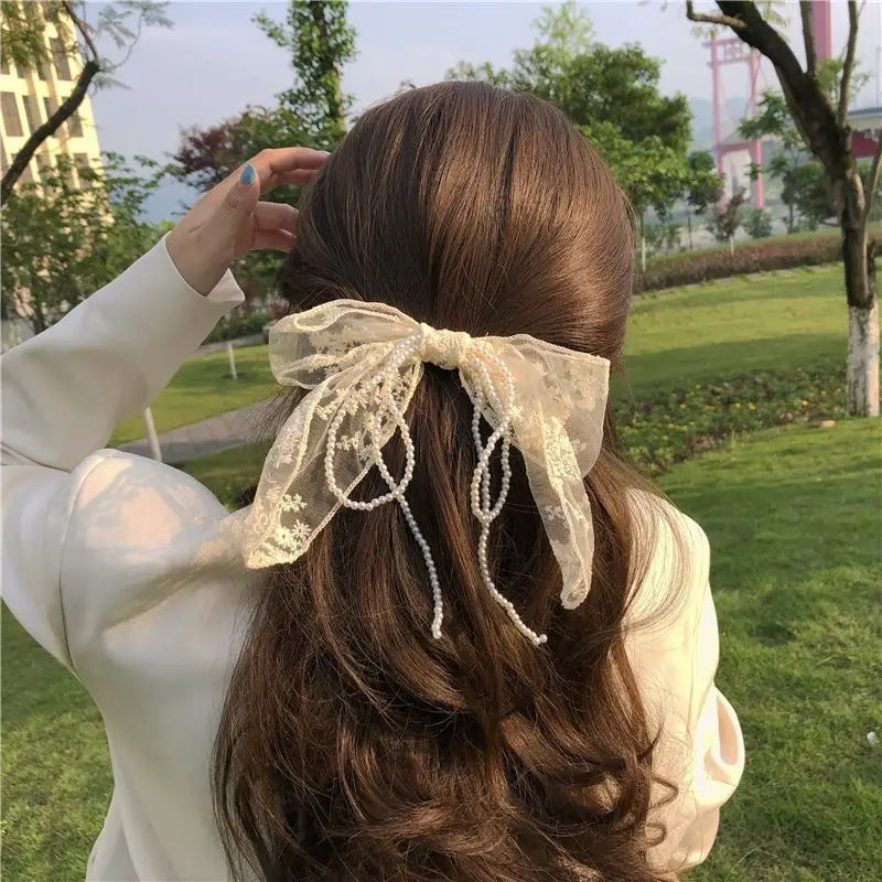 Faux Pearl Lace Bow Hair Clip-1