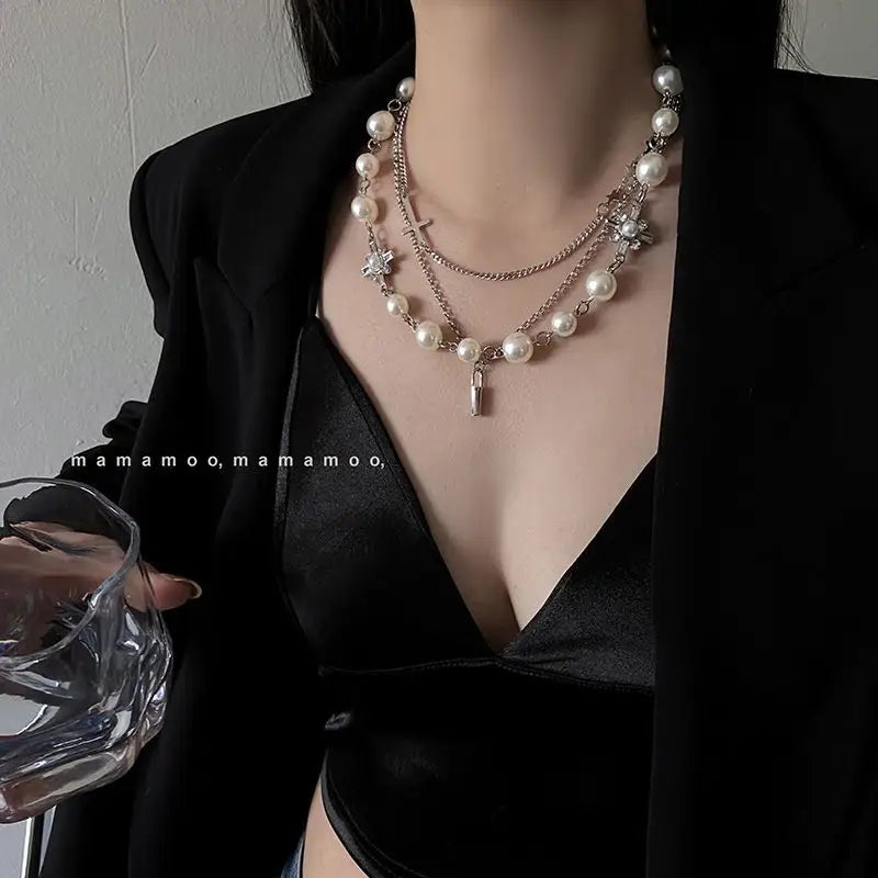 Faux Pearl Layered Alloy Necklace-1