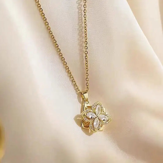 Flower Rhinestone Pendant Stainless Steel Necklace-1