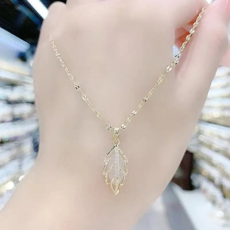 Leaf Faux Cat Eye Stone Pendant Alloy Necklace-1