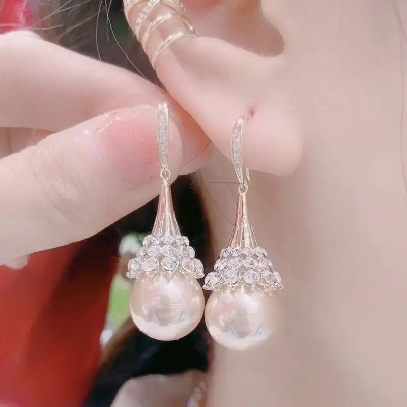 Rhinestone Faux Pearl Dangle Earring-1