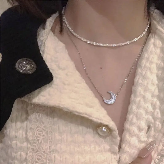 Set: Moon Rhinestone Pendant Necklace + Choker-1