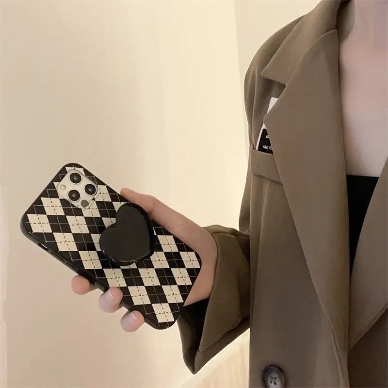 Argyle Heart Stand Phone Case - iPhone 13 Pro Max / 13 Pro / 13 / 12 Pro Max / 12 Pro / 12 / 11 Pro Max / 11 Pro / 11 / XS Max / XR / XS / X / 8 Plus / 7 Plus / 8 / 7 / SE 2-3