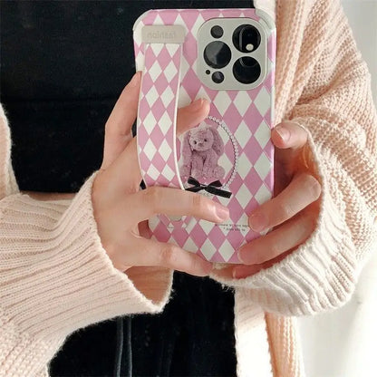 Bear Argyle Hand Strap Phone Case - iPhone 13 Pro Max / 13 Pro / 13 / 13 mini / 12 Pro Max / 12 Pro / 12 / 12 mini / 11 Pro Max / 11 Pro / 11 / SE / XS Max / XS / XR / X / SE 2 / 8 / 8 Plus / 7 / 7 Plus / 6 / 6 Plus-4