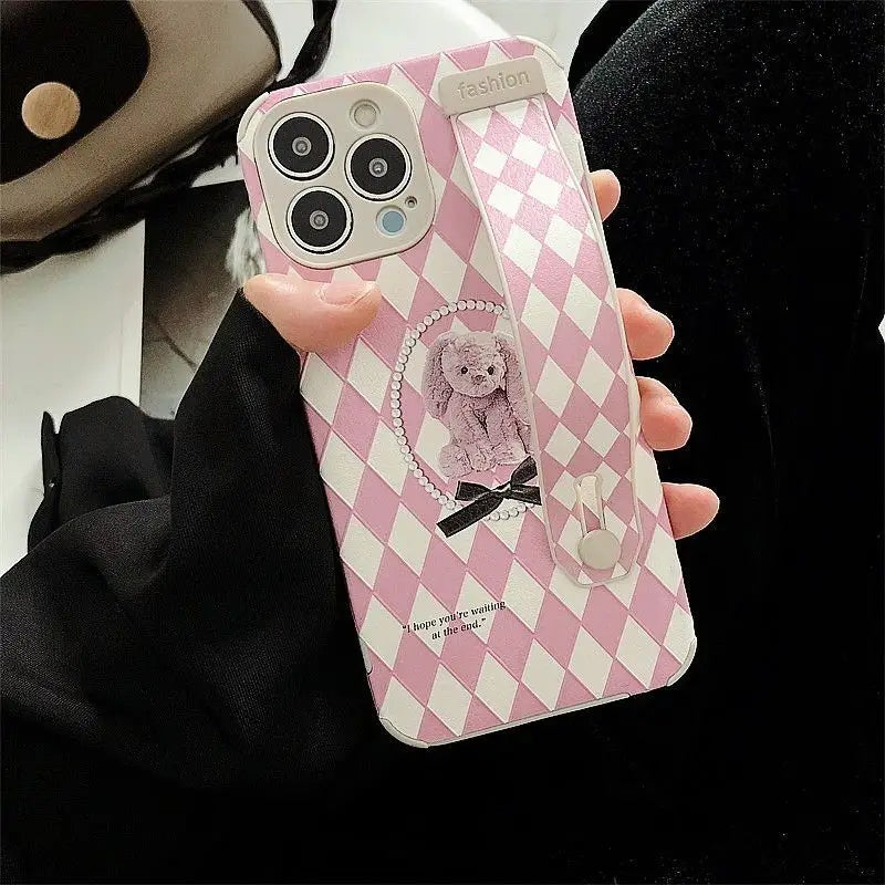 Bear Argyle Hand Strap Phone Case - iPhone 13 Pro Max / 13 Pro / 13 / 13 mini / 12 Pro Max / 12 Pro / 12 / 12 mini / 11 Pro Max / 11 Pro / 11 / SE / XS Max / XS / XR / X / SE 2 / 8 / 8 Plus / 7 / 7 Plus / 6 / 6 Plus-5