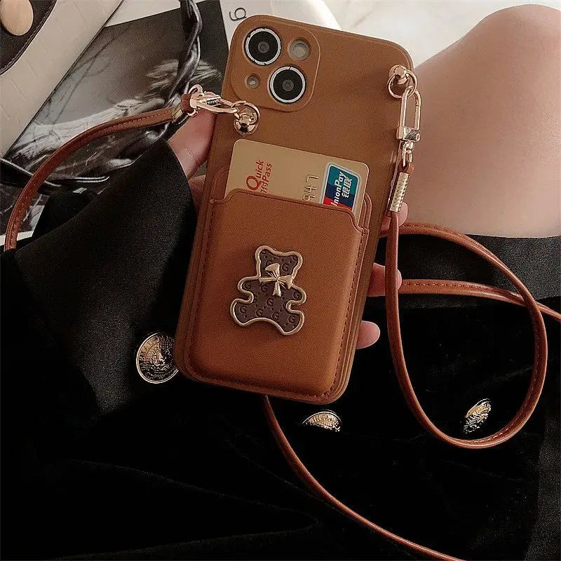 Bear Card Holder Neck Strap Phone Case - Samsung-5