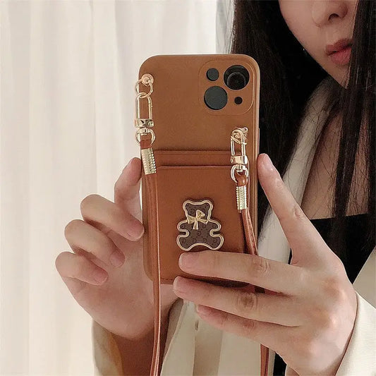 Bear Card Holder Neck Strap Phone Case - Samsung-2