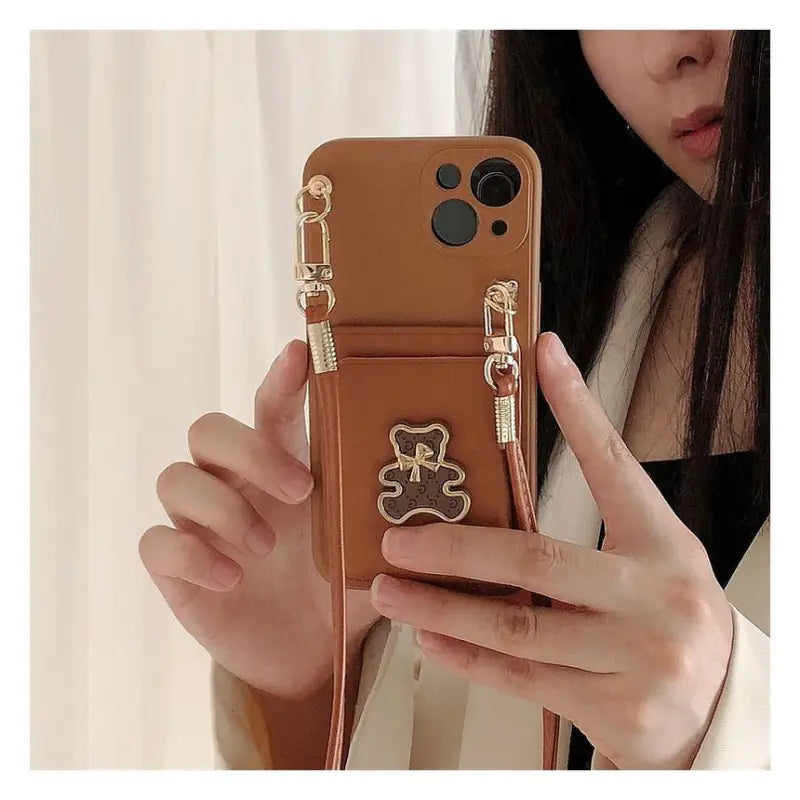 Bear Card Holder Neck Strap Phone Case - Samsung-7