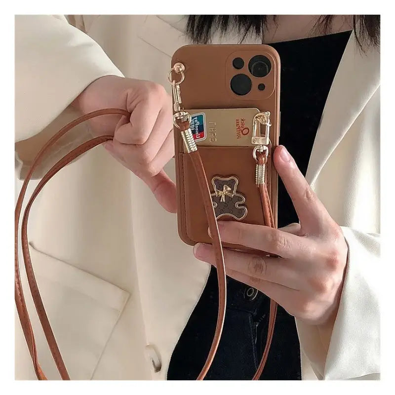 Bear Card Holder Neck Strap Phone Case - Samsung-6