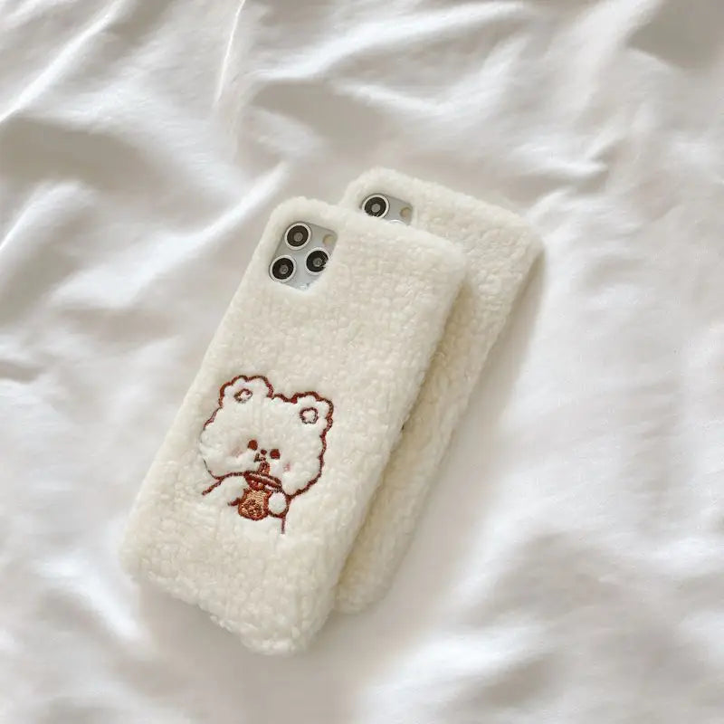 Bear Embroidered Chenille Phone Case - iPhone 12 Pro Max / 12 Pro / 12 / 12 mini / 11 Pro Max / 11 Pro / 11 / SE / XS Max / XS / XR / X / SE 2 / 8 / 8 Plus / 7 / 7 Plus / 6 / 6 Plus / Huawei-12