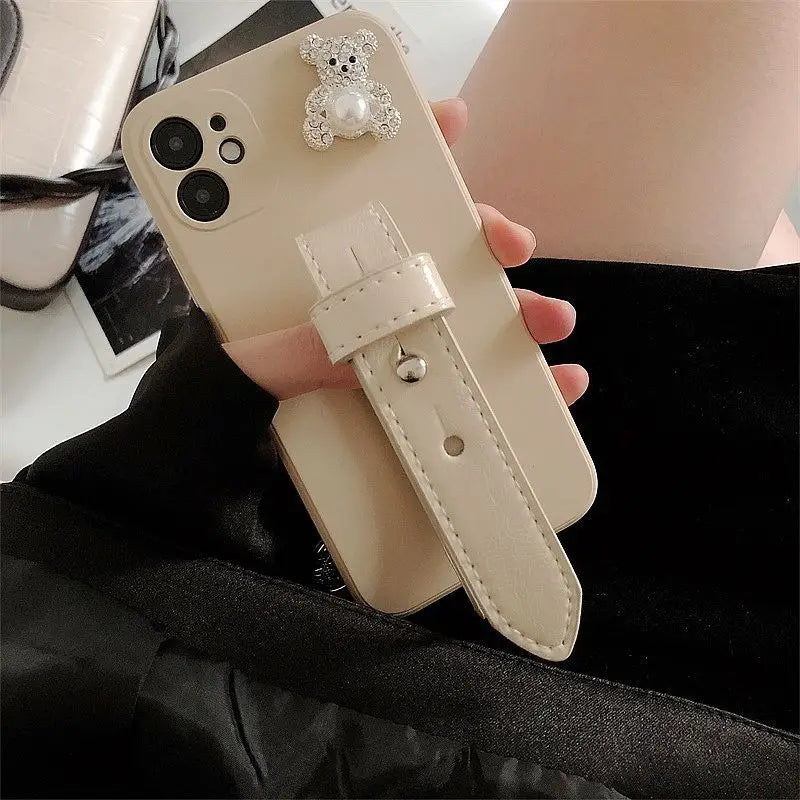 Bear Faux Pearl Hand Strap Phone Case - Samsung-18