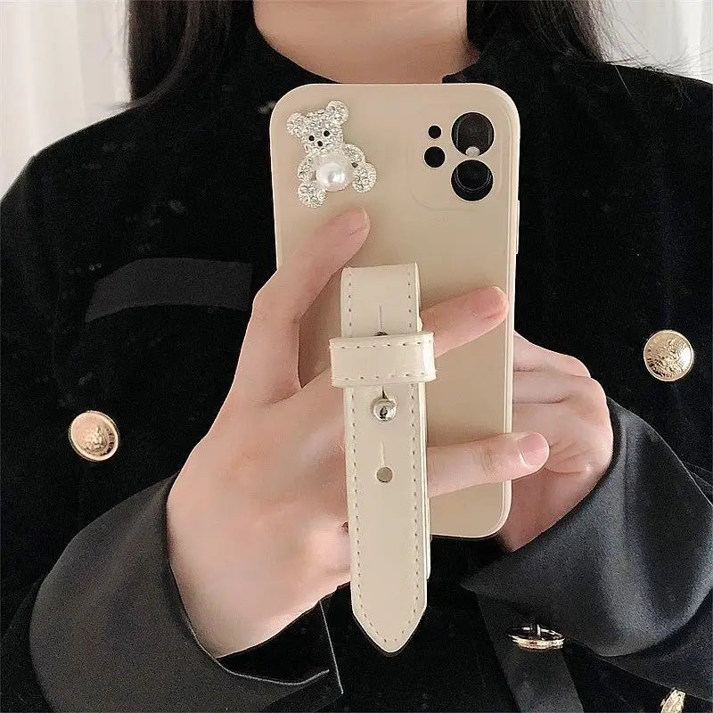 Bear Faux Pearl Hand Strap Phone Case - Samsung-4