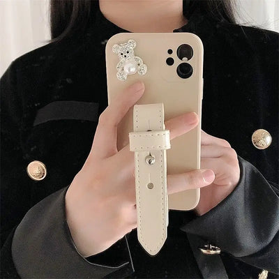Bear Faux Pearl Hand Strap Phone Case - Samsung-4