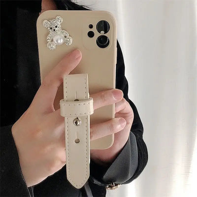 Bear Faux Pearl Hand Strap Phone Case - Samsung-2