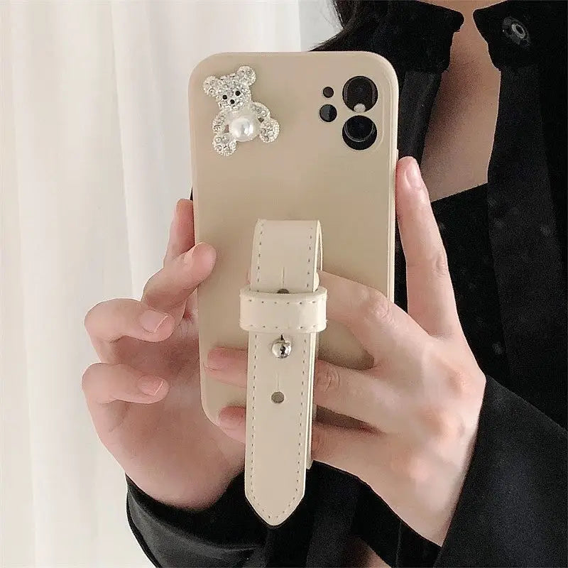 Bear Faux Pearl Hand Strap Phone Case - Samsung-3