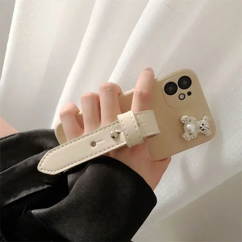 Bear Faux Pearl Hand Strap Phone Case - Samsung-5