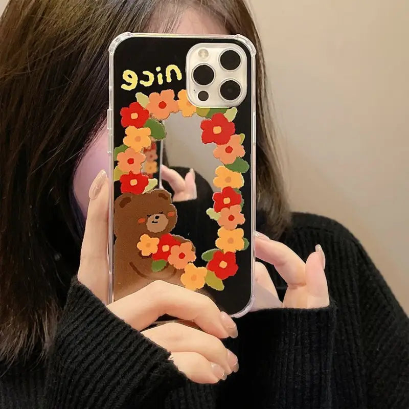 Bear Flower Mirrored Phone Case - iPhone 7 / 8 / SE / 7 Plus / 8 Plus / X / XS / XS Max / XR / 11 / 11 Pro / 11 Pro Max / 12 mini / 12 / 12 Pro / 12 Pro Max / 13 mini / 13 / 13 Pro / 13 Pro Max-2