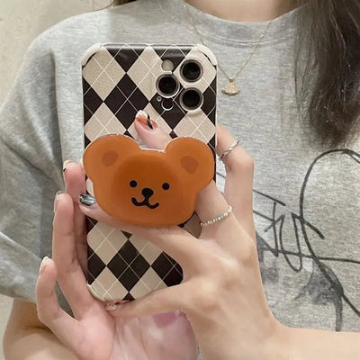 Bear Stand Argyle Phone Case - iPhone 12 Pro Max / 12 Pro / 12 / 11 Pro Max / 11 Pro / 11 / XS Max / XS / XR / X / 8 Plus / 7 Plus / 8 / 7 / SE 2-7