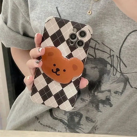 Bear Stand Argyle Phone Case - iPhone 12 Pro Max / 12 Pro / 12 / 11 Pro Max / 11 Pro / 11 / XS Max / XS / XR / X / 8 Plus / 7 Plus / 8 / 7 / SE 2-1