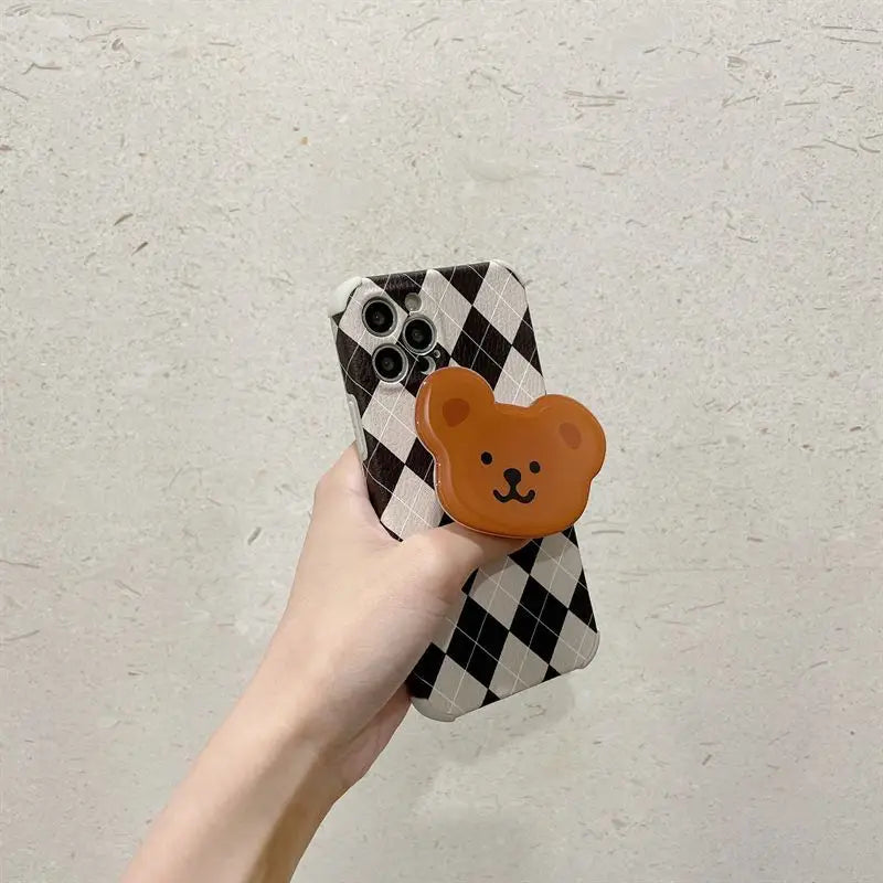 Bear Stand Argyle Phone Case - iPhone 12 Pro Max / 12 Pro / 12 / 11 Pro Max / 11 Pro / 11 / XS Max / XS / XR / X / 8 Plus / 7 Plus / 8 / 7 / SE 2-8