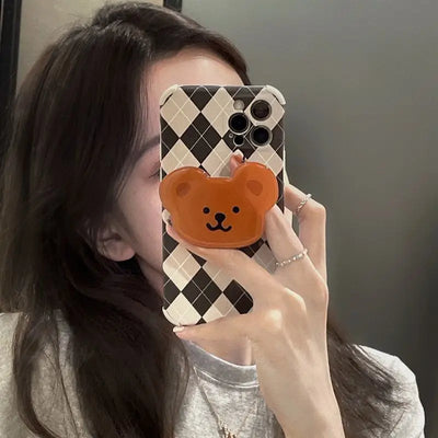 Bear Stand Argyle Phone Case - iPhone 12 Pro Max / 12 Pro / 12 / 11 Pro Max / 11 Pro / 11 / XS Max / XS / XR / X / 8 Plus / 7 Plus / 8 / 7 / SE 2-2