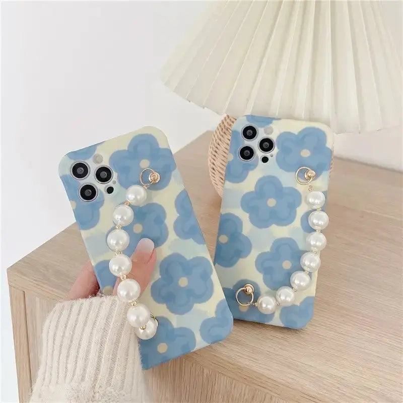 Blue Flower Graphic Marble Chain iPhone Case - iphone case