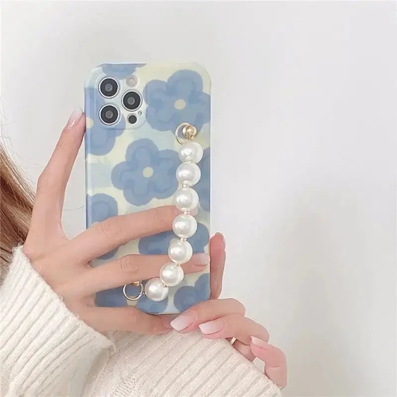 Blue Flower Graphic Marble Chain iPhone Case - iphone case