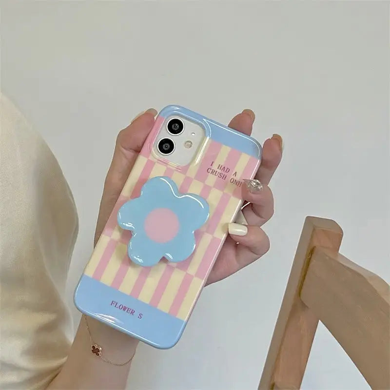 Blue Pink Grid Printing With Flower Holder iPhone Case BP308