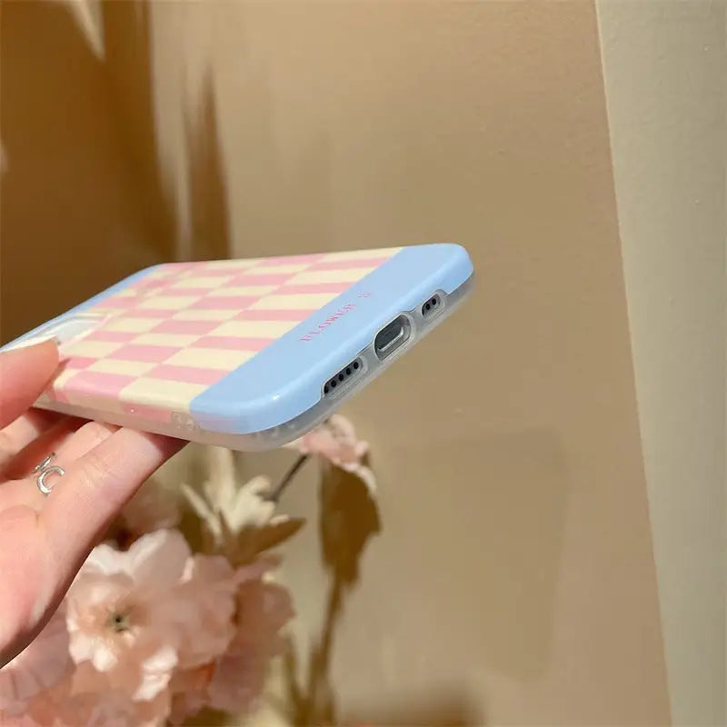 Blue Pink Grid Printing With Flower Holder iPhone Case BP308