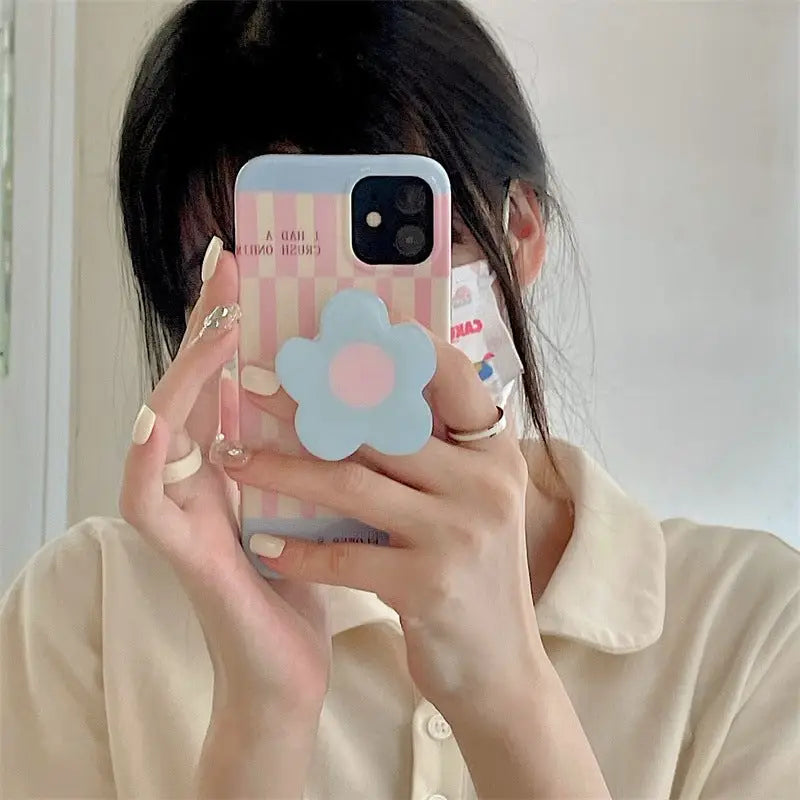 Blue Pink Grid Printing With Flower Holder iPhone Case BP308